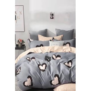 Siva/bež posteljina za bračni krevet/za produženi krevet od renforce pamuka s uključenom plahtom/4-dijelna 200x220 cm Double Heart – Mila Home