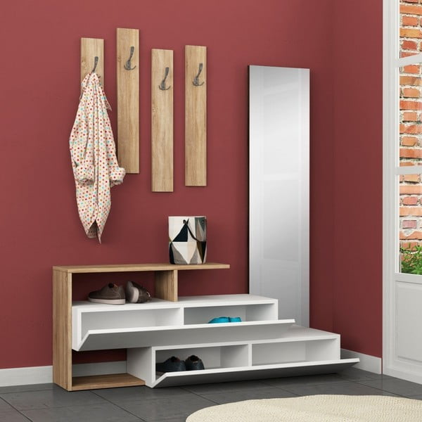 Set od kutije za obuću s ogledalom i zidne vješalice Ramda Oak-image-1