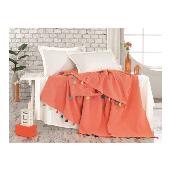 Koraljni ručno rađeni pamučni prekrivač za bračni krevet Taraya, 230 x 240 cm