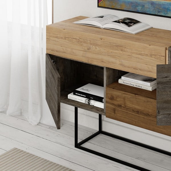 Smeđa/u prirodnoj boji niska komoda u dekoru hrasta 145x82 cm Titan – Marckeric-image-4