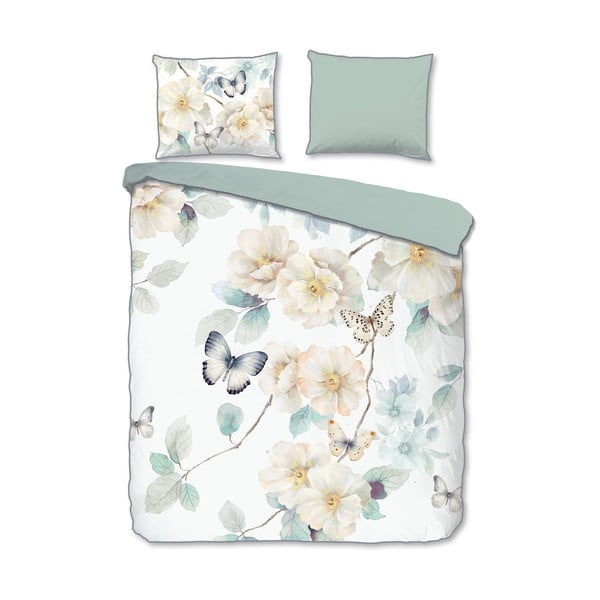 Bijela/zelena posteljina za bračni krevet/za produženi krevet od pamučnog satena 200x220 cm Adiwanya – Descanso