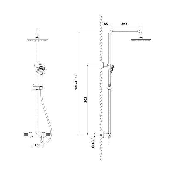 Mat crni mjedeni set za tuš kabinu s termostatskim ventilom s glavom za tuš/sa ručnim tušem 131 cm Solaris – Sapho-image-1