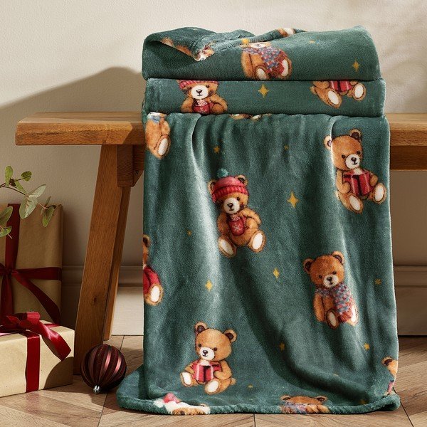 Tamno zelena deka s božićnim motivom 170x130 cm Christmas Tartan Teddy Bear – Catherine Lansfield-image-1
