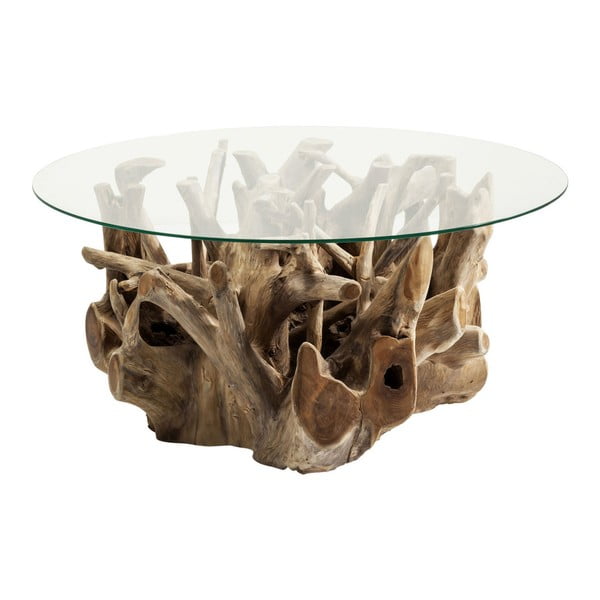 Stakleni stolić s podnožjem od tikovine Kare Design Roots, Ø 100 cm