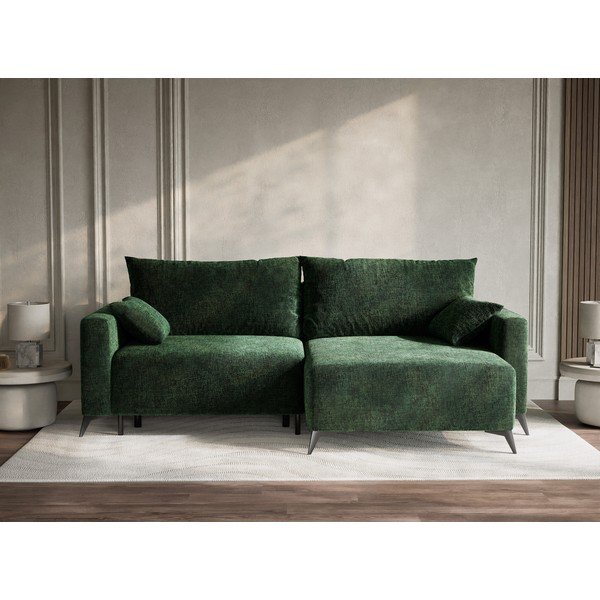 Tamno zelena sklopiva/s prostorom za odlaganje kutna garnitura od šenila (s desnim kutom/s ležaljkom) Leon – Maison de Rêve-image-1