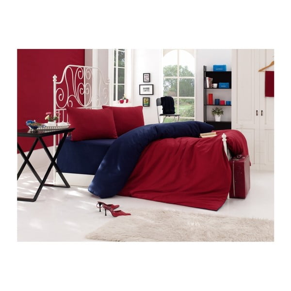Plavo-crvena posteljina s plahtom za bračni krevet EnLora Home, 200 x 220 cm