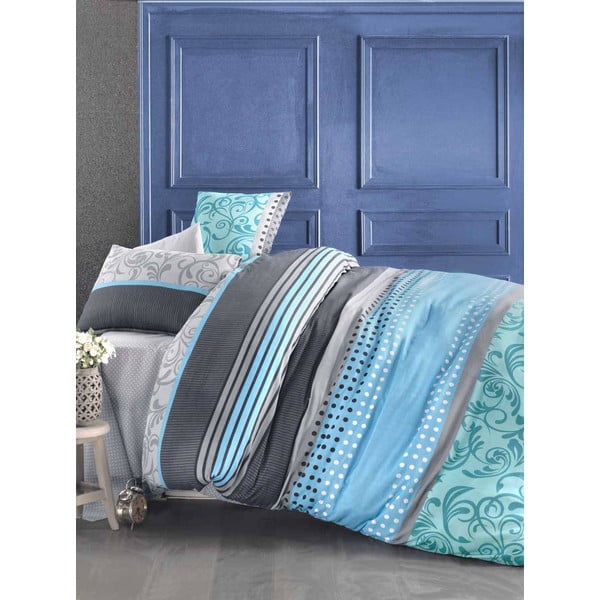 Plava posteljina s plahtom od mješavine pamuka za bračni krevet Miranda Sea, 200 x 220 cm