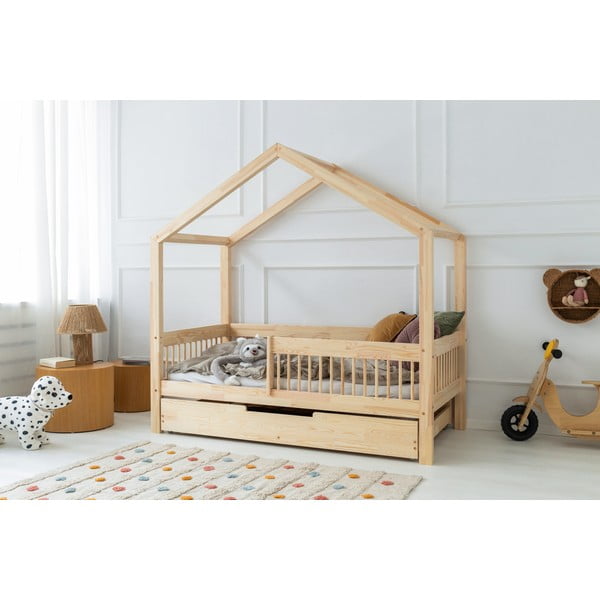 Dječji krevet od masivnog bora u obliku kućice/s dodatnim ležajem s prostorom za pohranu 140x200 cm u prirodnoj boji Mila RMW – Adeko-image-1