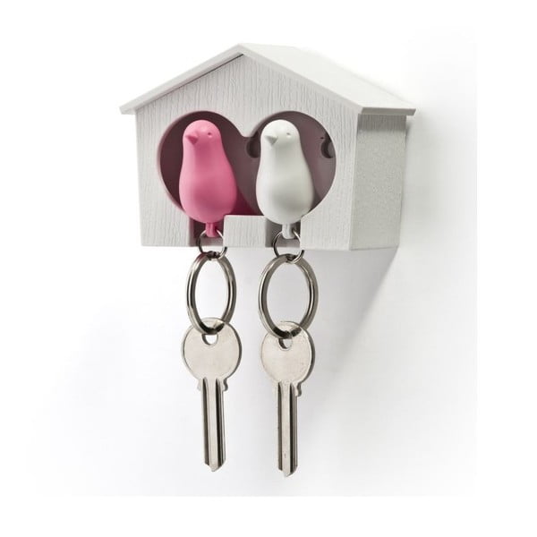 Bijela vješalica za ključeve s bijelim i ružičastim Qualy Duo Sparrow privjeskom za ključeve