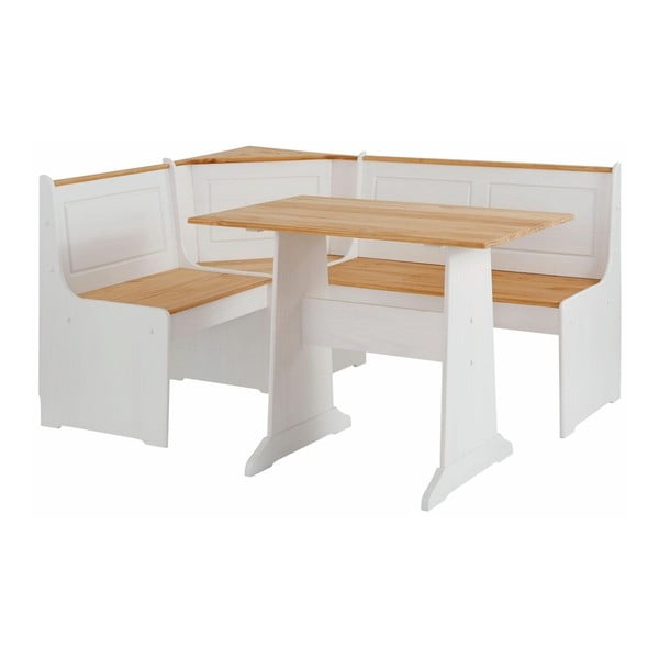 Garnitura bijelih kutnih klupa i stola za blagovanje od punog borovog drveta Støraa Samantha