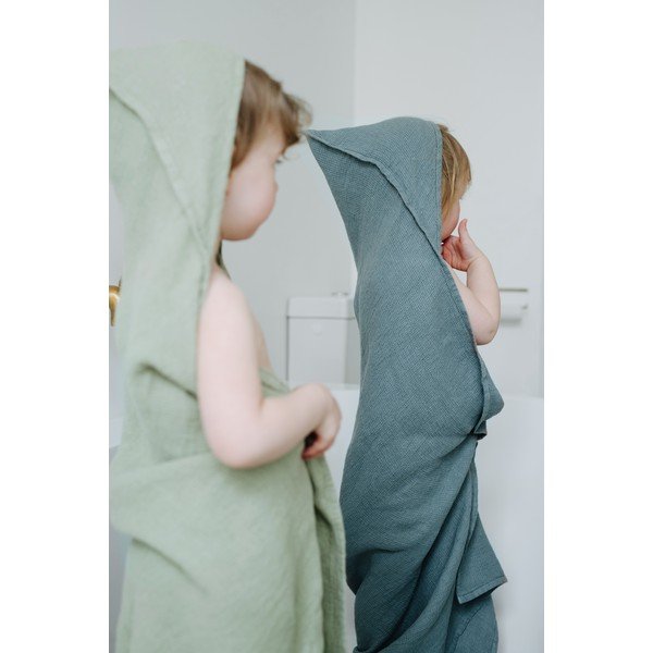 Dječji plavi laneni ručnik s kapuljačom Linen Tales Waffle 100 x 100 cm-image-4