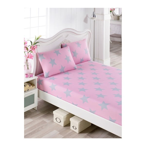 Set pamučnih ružičastih plahti i 2 jastučnice za krevet za jednu osobu Stars Lusno, 100 x 200 cm