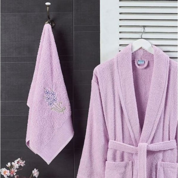 Svijetlo ružičasti pamučan kupaonski ogrtač i ručnik u setu S/M – Mila Home-image-1
