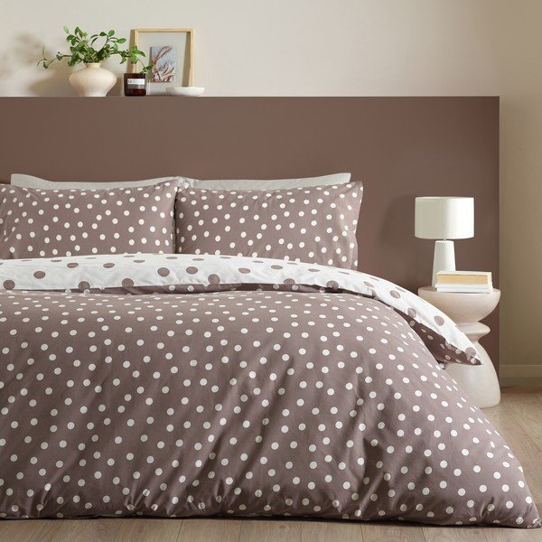 Bijela/tamno smeđa posteljina za bračni krevet 200x200 cm Polka Dot – Catherine Lansfield