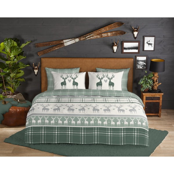 Zelena/krem flanelska posteljina za bračni krevet/za produženi krevet 200x220 cm Bjirk – Good Morning-image-1