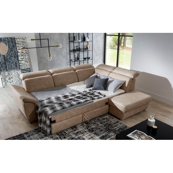 Bež baršunasti sklopiva/s prostorom za odlaganje kutna garnitura (s desnim kutom/u obliku slova L) Loreto – ELTAP-image-4