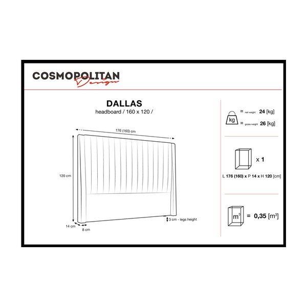 Crno uzglavlje Cosmopolitan Design Dallas, 160 x 120 cm-image-4