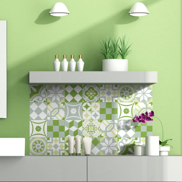 Set od 24 zidne naljepnice Ambiance Green Patchwork pločice, 10 x 10 cm