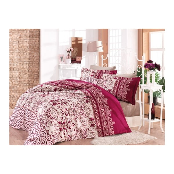Pamučna satenska posteljina s bračnim krevetom Flora Fuchsia, 200 x 220 cm