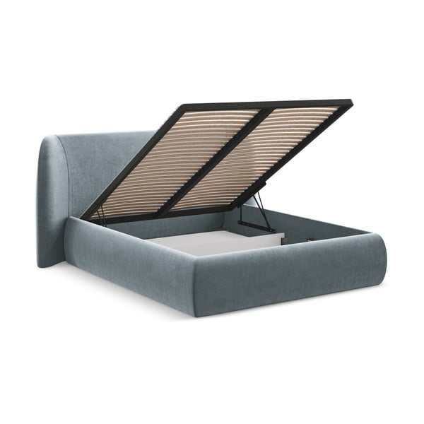 Svijetlo plavi tapecirani bračni krevet s prostorom za odlaganje s podnicom 140x200 cm Hauke – Makamii-image-3