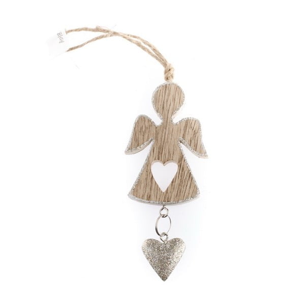 Drveni viseći anđeo sa srcem u srebrnom Daklsu, visina 5 cm