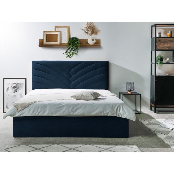 Tamnoplavi tapecirani bračni krevet s prostorom za pohranu s podnicom 160x200 cm Palmyre - Bobochic Paris-image-2