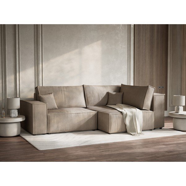 Bež sklopiva/s prostorom za odlaganje kutna garnitura od samta (s desnim kutom/u obliku slova L) Tonga – Maison de Rêve-image-4