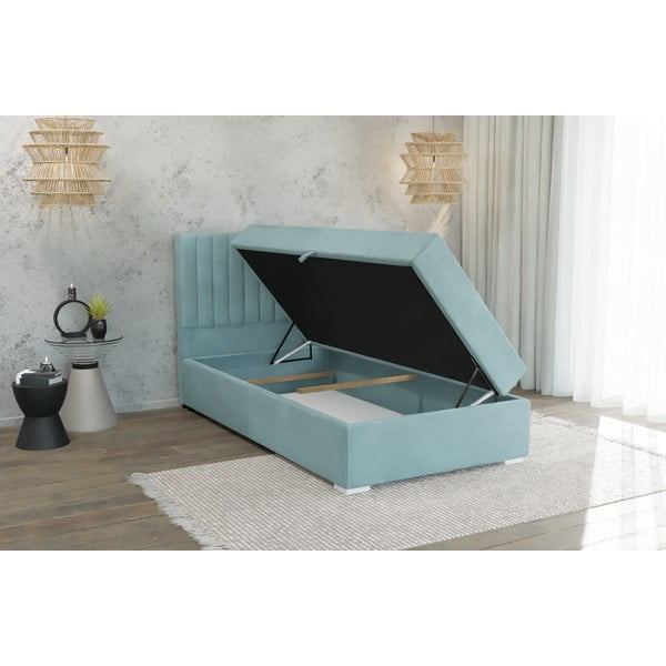 Svijetlo plavi tapecirani krevet s prostorom za pohranu s podnicom 100x200 cm Bunny – Ropez-image-3