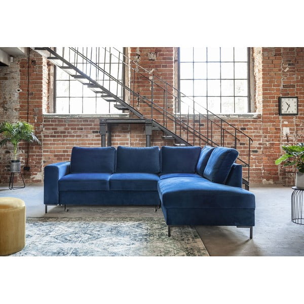 Tamno plava baršunasti sklopiva kutna garnitura (s desnim kutom) Lofty Lilly – Miuform-image-1