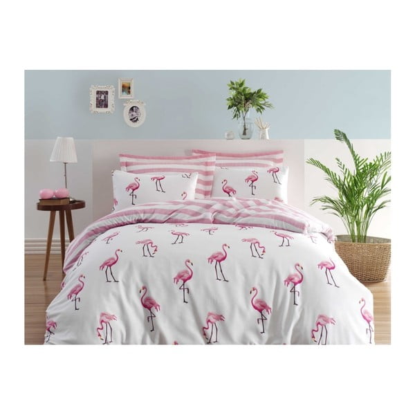 Pamučna posteljina s plahtom za bračni krevet Permento Rasha, 200 x 220 cm