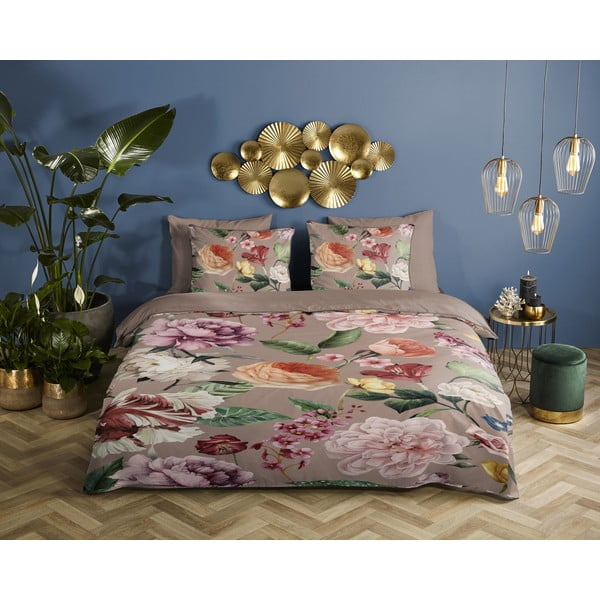 Siva/smeđa posteljina za bračni krevet/za produženi krevet od pamučnog satena 240x220 cm Fiori – Descanso-image-1