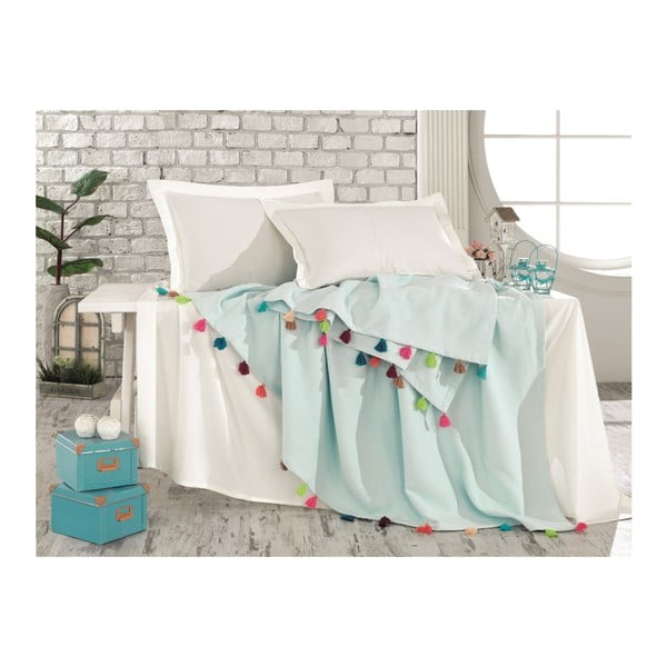 Svijetloplavi ručno rađeni pamučni prekrivač za Truby bračni krevet, 230 x 240 cm
