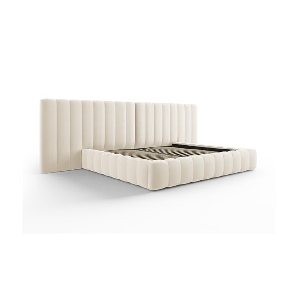 Bež tapecirani bračni krevet s prostorom za pohranu s podnicom 200x200 cm Gina – Milo Casa