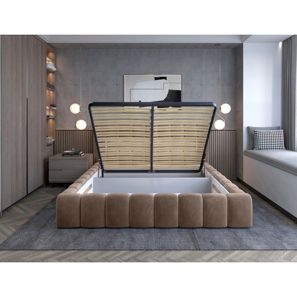 Svjetlo smeđi tapecirani bračni krevet s prostorom za odlaganje s podnicom 140x200 cm Lamica – ELTAP-image-2