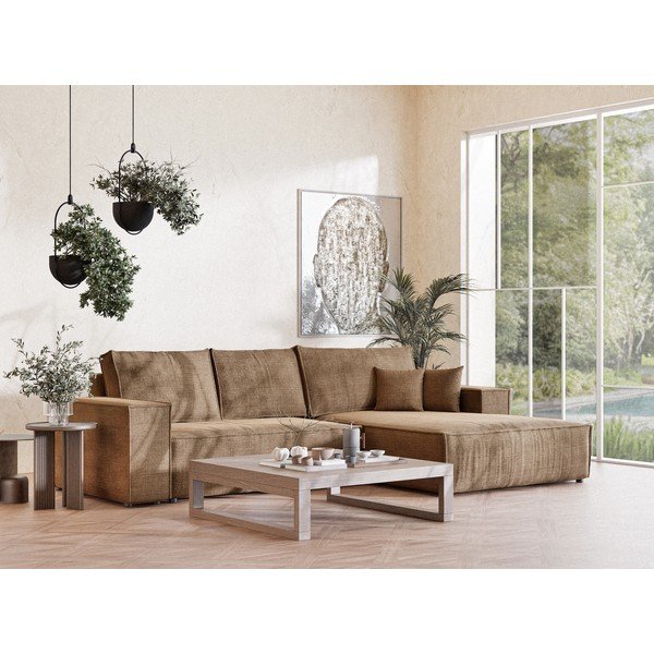 Svjetlo smeđa sklopiva/s prostorom za odlaganje kutna garnitura od šenila (s desnim kutom/s ležaljkom) Maze – Maison de Rêve-image-1