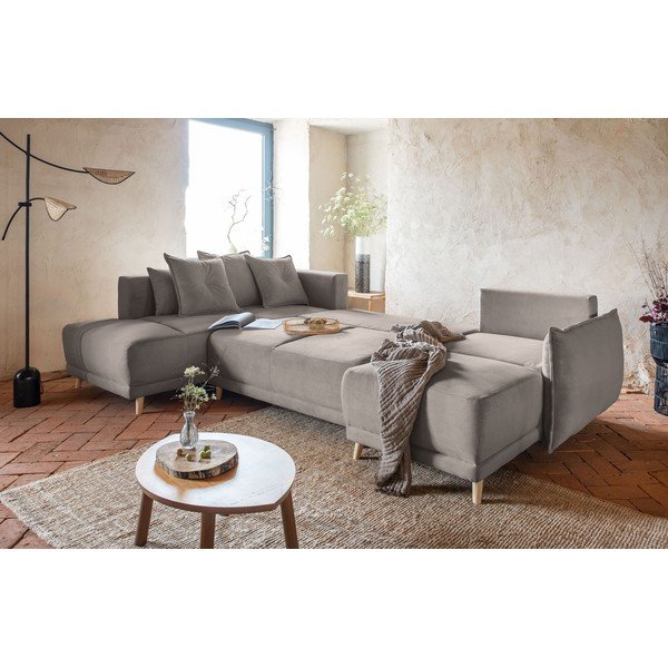 Svjetlo smeđa sklopiva kutna garnitura od samta (s lijevim kutom/u obliku slova "U") Lazy Lukka – Miuform-image-1