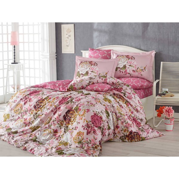 Pamučna satenska posteljina s posteljinom za bračni krevet Rosanna Pink, 200 x 220 cm