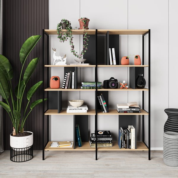 Crna/u prirodnoj boji biblioteka u dekoru hrasta 144x175 cm Alabama – Marckeric-image-3