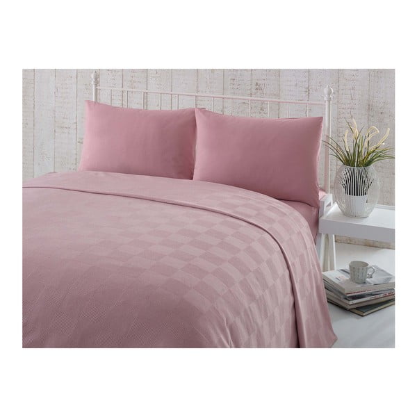 Ružičasti pamučni prekrivač s plahtama i jastučnicama Simplicity, 200 x 235 cm
