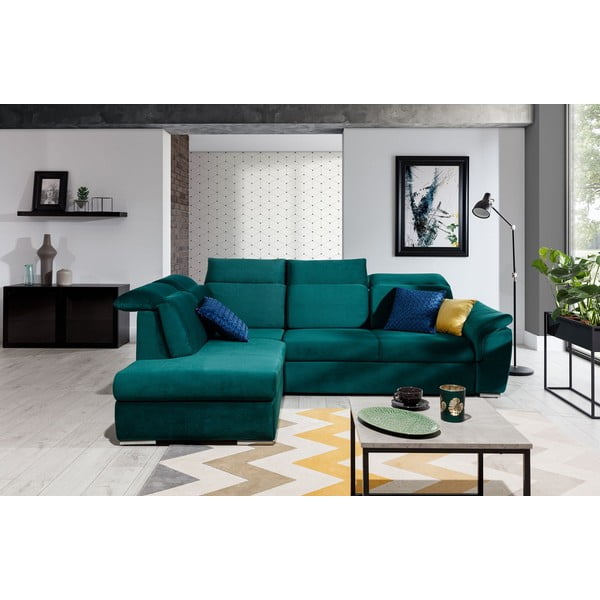 Zelena baršunasti sklopiva/s prostorom za odlaganje kutna garnitura (s lijevim kutom/u obliku slova L) Loreto – ELTAP-image-1