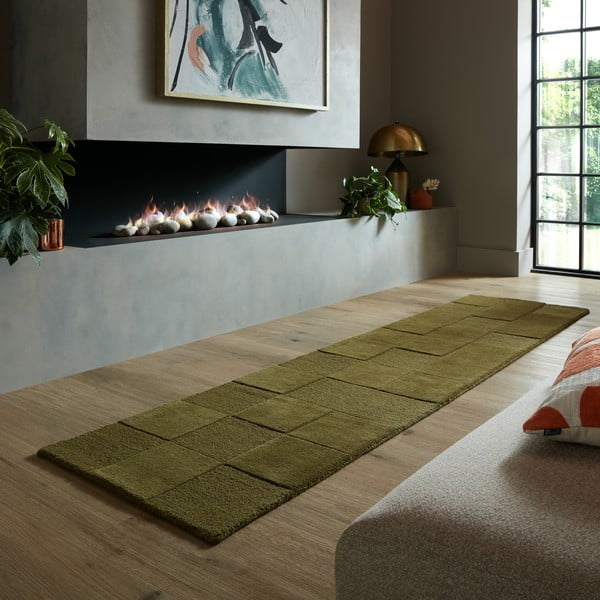 Kaki zelena ručno rađena vunena staza 60x230 cm Checkerboard – Flair Rugs-image-1