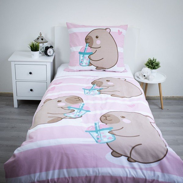 Ružičasta pamučna dječja posteljina za krevet za jednu osobu 140x200 cm Kapybara – Jerry Fabrics-image-1