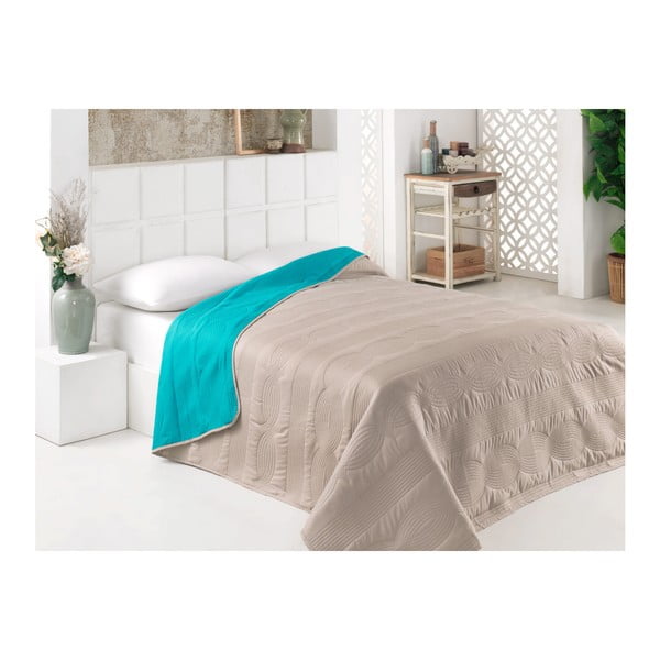 Tirkizno-sivi dvostrani prekrivač preko kreveta od mikrovlakana, 200 x 220 cm