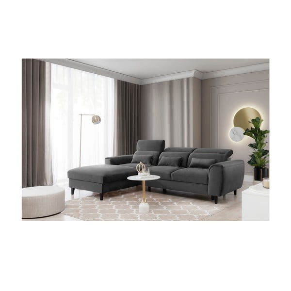 Tamno siva baršunasti sklopiva/s prostorom za odlaganje kutna garnitura (s lijevim kutom/s ležaljkom) Foble – ELTAP-image-3