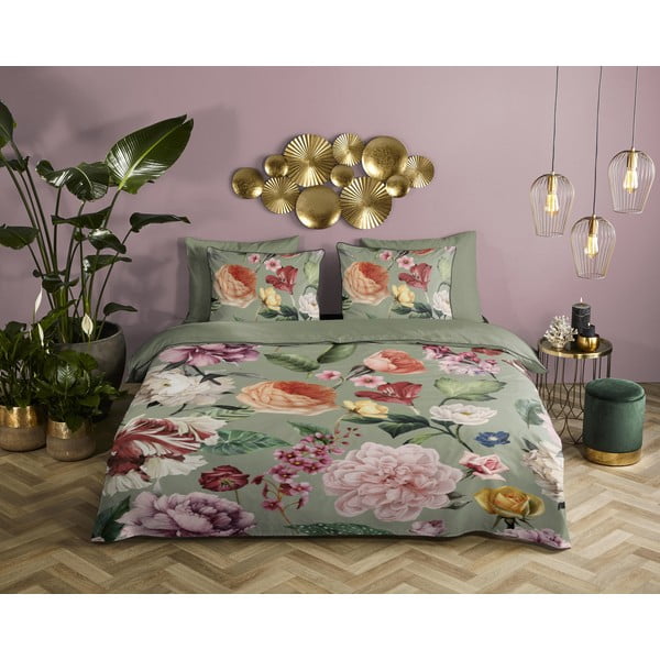 Zelena posteljina za bračni krevet/za produženi krevet od pamučnog satena 200x220 cm Fiori – Descanso-image-1