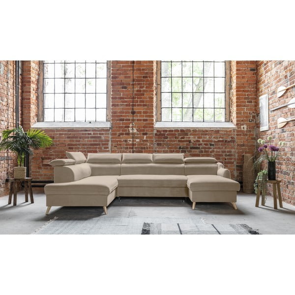 Bež baršunasta sklopiva kutna garnitura (s lijevim kutom/u obliku slova "U") Sweet Harmony – Miuform-image-1