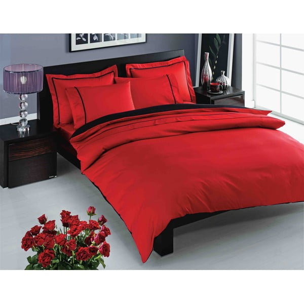 Crvena pamučna satenska posteljina s plahtom Prestige Red, 200 x 220 cm