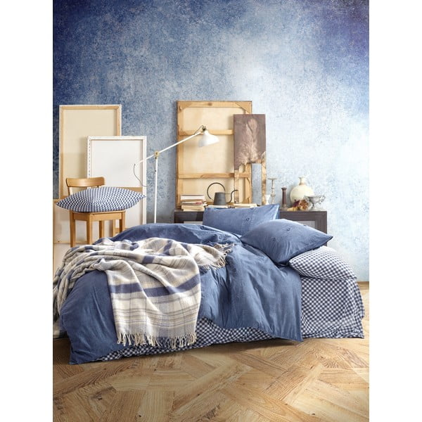 Set od tamnoplave posteljine s plahtom i pokrivačem Cotton Box Denim, 200 x 220 cm