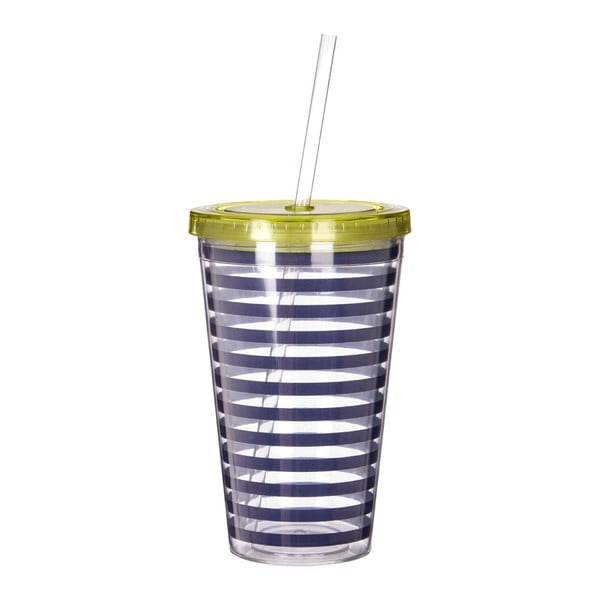 Plavo-bijela prugasta čaša sa zelenim poklopcem Premier Housewares Mimo, 450 ml