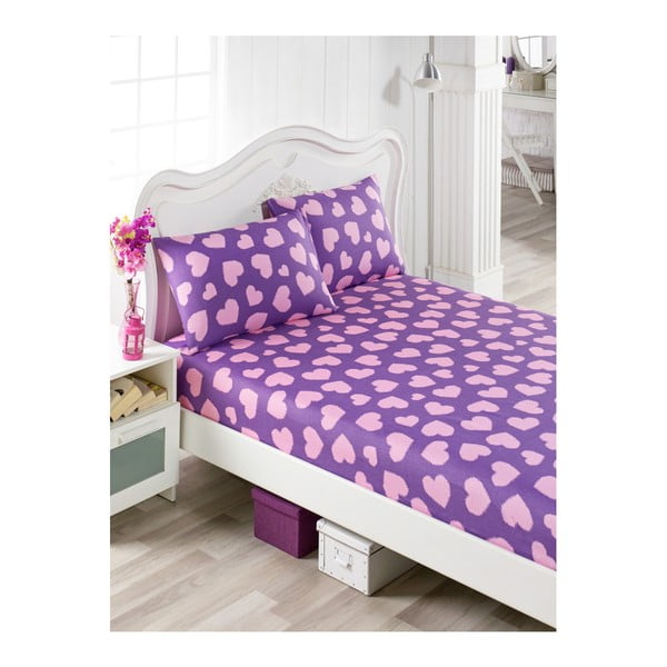 Set pamučnih ljubičasto-ružičastih posteljina i 2 jastučnice za krevet za jednu osobu Mulena Punteja, 100 x 200 cm
